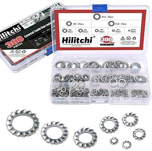 Hilitchi - Kit di 300 rondelle di bloccaggio a stella in acciaio inox 304, kit assortito: M2.5 M3 M4 M5 M6 M8 M10 M12