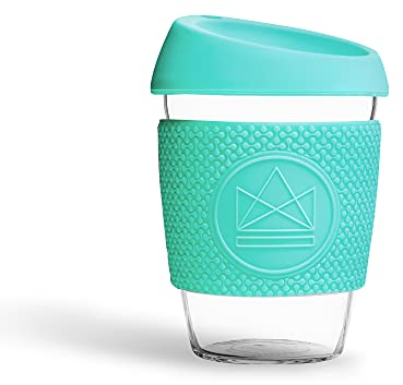 Neon Kactus - Vaso de cristal de borosilicato soplado a mano, Taza de café para llevar reutilizable con tapa de silicona apta para uso alimentario y funda térmica, Vaso de viaje reciclable