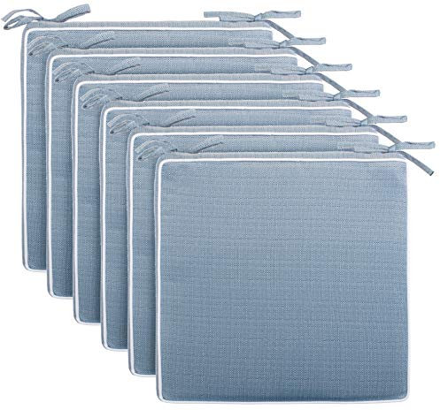 Brandsseller 6er Set Sitzkissen 40x40x4 cm – Wasser- & schmutzabweisende Stuhlkissen mit Bindebändern in Leinenoptk – Für Innen & Außen – Garten, Terrasse, Küche – Blau