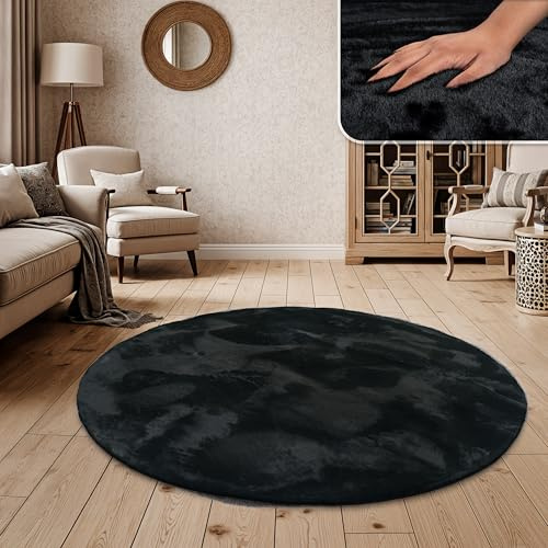Paco Home Hochflor Teppich Wohnzimmer Schlafzimmer Shaggy Modern Flauschiger Fellteppich Weich Fell Imitat Kunstfell Einfarbig, Grösse:160 cm Rund, Farbe:Schwarz