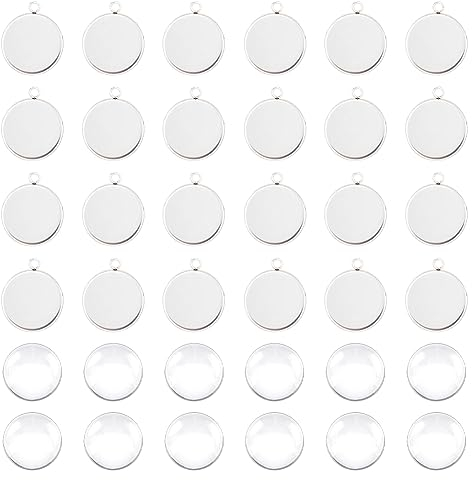 UNICRAFTALE 30 STK 25mm Tablett Cabochon Anhänger 304 Edelstahl Cabochon Rohlinge Anhänger 25mm Runde Lünette Tablett Anhänger Mit Glas Cabochons für Halskette Schmuckherstellung DIY