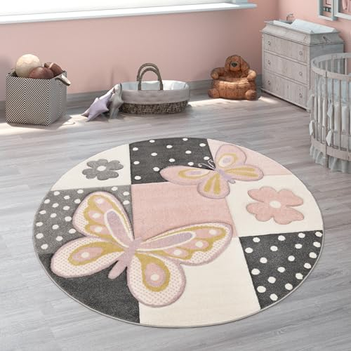 Paco Home Teppich Kinderzimmer Junge Mädchen Kinderteppich Spielteppich Kurzflor Regenbogen Bauernhof Einhorn Schmetterling Hase, Grösse:Ø 200 cm Rund