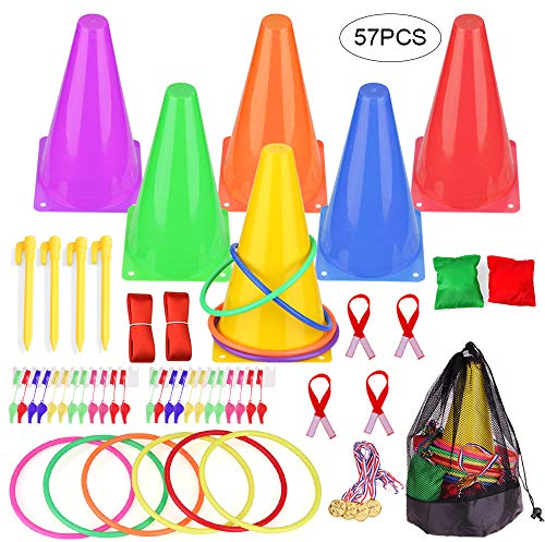 GOLDGE 57PCS 8 en 1 Ring Toss Set, Jeux Extérieur pour Enfants, Bean Bags Indoor Outdoor Ensemble de Lancer Cercle