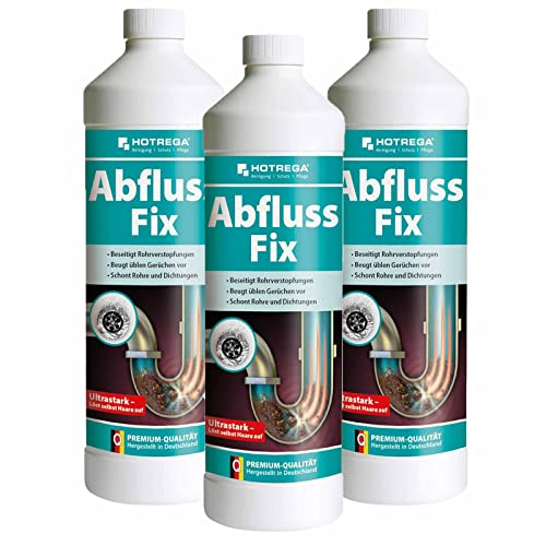 HOTREGA Abfluss Fix 3x 1 Liter Konzentrat | Abflussreiniger | Löst Haare, Fett, Seifenreste | Für Dusche, Spüle, WC, Badewanne, Waschbecken, Abflüsse