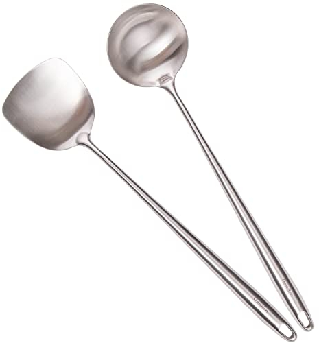 7 pulgadas 304 de acero inoxidable Wok espátula y cucharón, Standcn 2 piezas de mango largo utensilios de cocina conjunto