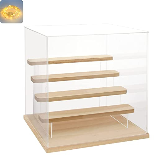Nynelly 5 Tier Clear Acrylic Display Case for Models, Mini Figures, Pop Mart, Labubu, Sonny Angel, Smiski - Assemble Dustproof Display Box with Door, Display Stand (Wood Base Step)