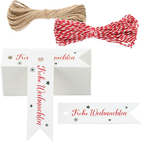 G2PLUS Klein Frohe Weihnachten Geschenkanhänger, Weiß Weihnachten Anhänger Geschenk,100 Stk Weihnachten Etiketten, 2x7CM Weihnachtsanhänger Papier zum Geschenke oder Weihnachten Adventkalender Deko
