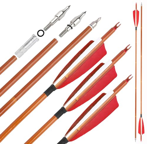 31 Zoll Carbonpfeil mit 4 Zoll Natürliche Feder 500 Jagdpfeile mit austauschbarer Pfeilspitze für Compound und Recurve-Bögen, 12/6 Stück (12 Stück, rot)