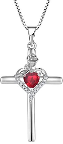 FJ Collier Croix pour Femme Argent Sterling 925 Collier Rubis Pendentif Pierre de Naissance Juillet Collier Fleur de Rose Bijoux Cadeaux pour Femme Fille