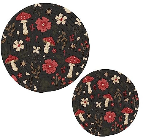 Set di 2 supporti per pentole da cucina in filo di cotone, set di sottopentola eleganti sottobicchieri per piatti caldi, ciotola, caffè, caldi, basculante, motivo senza cuciture, fiori di agarico