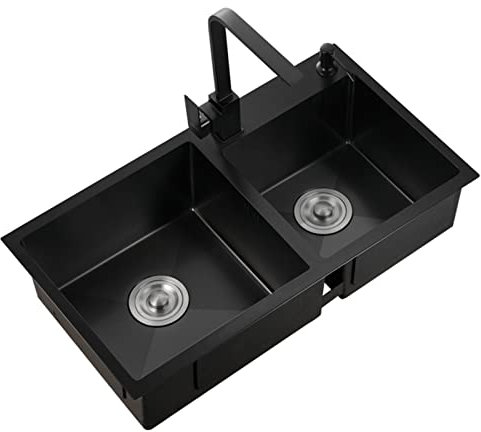 Fregadero de Cocina Fregadero Doble Nano Fregadero Fregadero de Acero Inoxidable Mezclador Cuadrado Múltiples Accesorios (Color : Black, Size : 78 * 43cm)