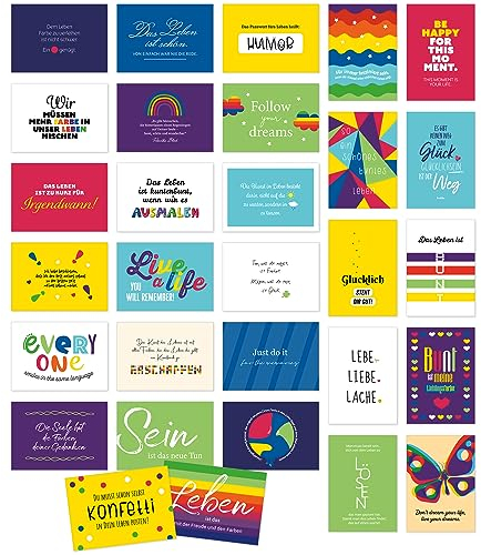 Postkarten Motivation Set mit 30 Karten - Thema LEBEN - Bunter Mix mit Weisheiten, Motivierend, Pro Seele, Positiv - Passende Sprüche Botschaften Set mit 30 Umschlägen