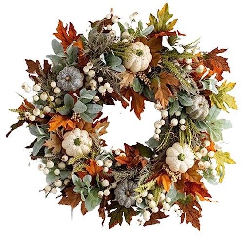 Amesor Couronne Automne - 45cm Citrouille d'automne pour Porte D'entrée | GuirlanFeuille d'automne Citrouille avec des Baies Feuilles D'érable À La Citrouille | pour Halloween
