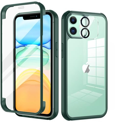 seacosmo for iPhone 11 Case 6.1 Inch, Full-Body Shockproof Case with Built-in Glass Screen Protector and Camera Lens Protector Rubber Bumper Case Cover for iPhone 11 - Green/Clear