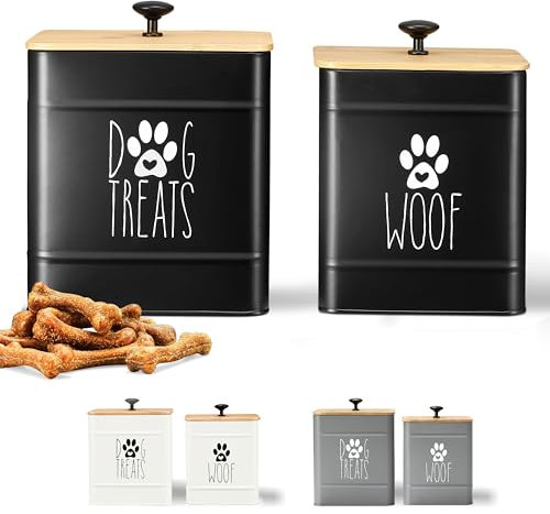 PERFNIQUE Recipiente para golosinas para perros con tapa hermética - Tarro de galletas para mostrador de cocina, bidón de golosinas y almacenamiento - 7,8 x 6,2 y 7,3 x 5,5 (negro)