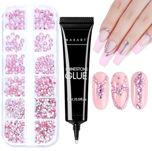 Makartt Nail Rhinestone Glue Gel Kit, 15g Super Adhesive Nail Gel with Nail Crystal Rhinestone, Nail Glue Gel for Rhinestones Crystal Stones Jewels