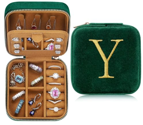 TINGN Initiale Schmuckkästchen mit Blume und Y Kleine Schmuckkästchen Reise Schmuckschatulle mit Spiegel für Damen Mädchen Geschenk für Geburtstage Weihnachten Muttertag Valentinstag Hochzeiten