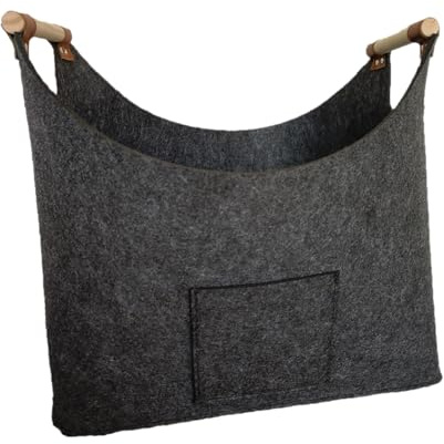 OBLLAR Filz Kaminholzkorb mit Holzgriff Filzkorb extra großer faltbarer Holzkorb Filztasche als Aufbewahrungskorb für Einkäufe, Holz, Zeitung oder Brennholz XL(Dunkelgrau)