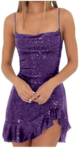 HAOLEI Womens Sparkly Mini Bodycon Dress - Ruffled Sequin Sleeveless Wrapped Evening Wedding Guest Dinner Dance Party Elegant Ladies Glitter Sexy Prom Cami Purple