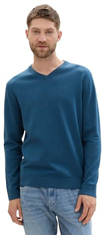 Tom Tailor Herren Basic Pullover mit V-Ausschnitt aus Baumwolle,36295 - Dark Teal Melange, S