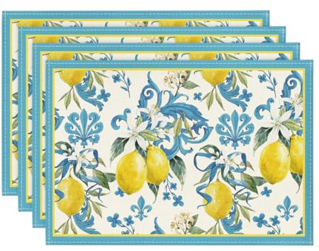 Artoid Mode Blau Zitrone Sommer Platzsets 4er Set, 30x45cm Couchtisch Urlaub Tischsets Waschbar Platzdeckchen Küche Party Deko