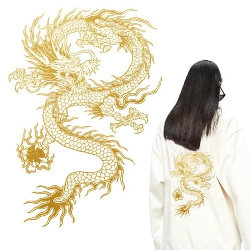 Gold Dragon Patch Embroidered Applique Patch Chinese Dragon Sew on or Iron on Patches for Diy Chinese Dragon Costume, Jackets, Clothing, Bags