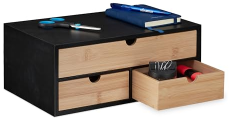 Relaxdays Schreibtisch Organizer, 3 Schubladen, Bambus & MDF, Schreibtischbutler Büro, HBT: 13,5x33x21 cm, Natur/schwarz