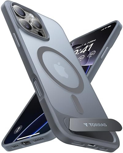 TORRAS for iPhone 16 Pro Max Case [Durable Titanium Stand] [25W Wireless Charging] [TOP 19N Magnetic] [12FT Drop Protection] for iPhone 16 Pro Max Cover - Misty Gray