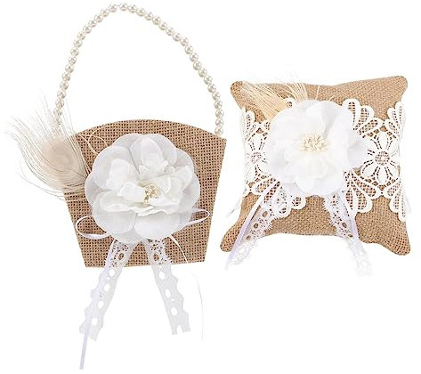 MERRYHAPY Elegantes Ringkissen-Set für die Hochzeit mit Blumenkorb Leinenmaterial