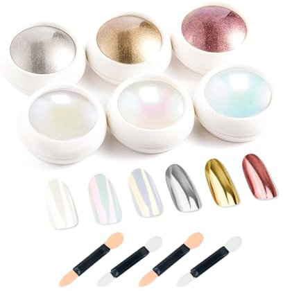 AYNKH 6 Pcs Chrome Nail Powder, with 4 Sponge Sticks, Pearl Glitter Dust Kit, Metallic Mirror Effect and Flash Mermaid Effect, for Nail Art Design Decoration, for Nails Salon DIY