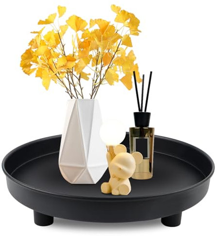 Bandeja para velas, color negro, bandeja redonda de metal, bandeja decorativa, bandeja de 23 cm de diámetro, bandeja para servir bebidas, organizador de bebidas, para mesa de café, organizador de