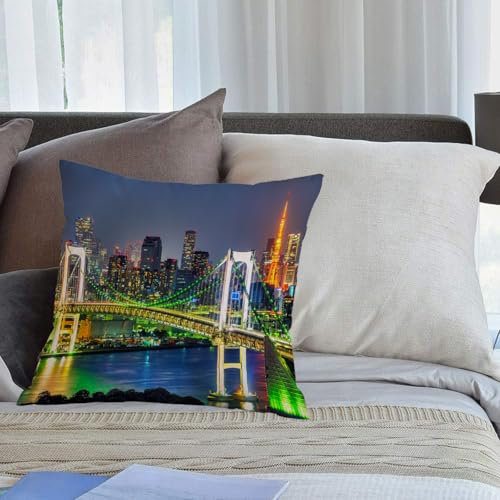EMCLKS Designs Kissenbezug Männer/Frauen/Jungen/Mädchen Wohnzimmer Schlafzimmer Sofa Stuhl Kissenbezüge,Wohnung, Skyline von Tokio mit Tokyo Tower und Rainbow Bridge, Tokio, Japan, Nachtaufna,50x50cm