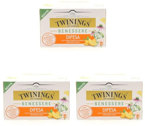 Twinings, Benessere Difesa, Tè Verde, Zenzero ed Echinacea Aromatizzati al Limone, con Vitamina C per il Benessere Immunitario, 1 Confezioni da 18 Filtri (Confezione da 3)
