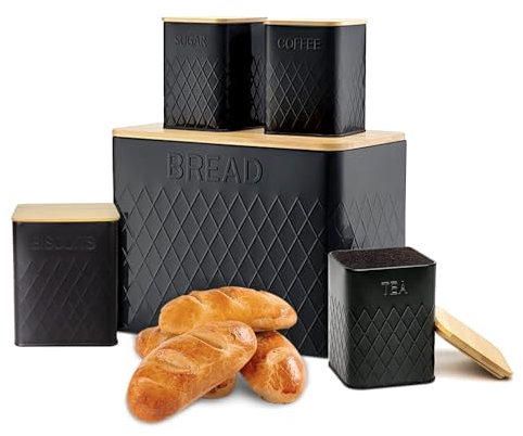 SG Traders 5pc Kitchen Storage Set with Airtight Bamboo Lids Includes Tea Coffee Sugar Nuts with Matching Biscuit Barrel Canister Jar & Stylish Bread Bin – Diamond Embossed Design Matt Finish (Black)