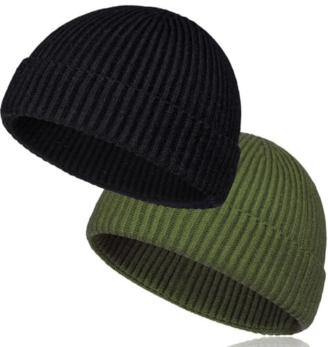 TSKNOMO Kurze Fischermütze aus Wolle für Herren, weiche Strickmanschette, Trawler Beanie-Mützen, warme Wintermützen für Damen, 2 Stück, Schwarz und Olivin, Einheitsgröße