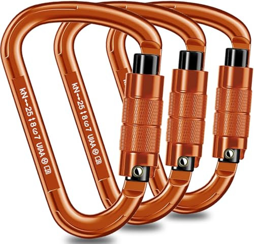 Kletterkarabiner Karabinerhaken,UIAA-Zertifiziert karabiner schwerlast,25KN Auto Locking Klettern karabiner Clips,Kletterausrüstung for Bandschlinge,Schaukel,Hängematte,Absei (Orange*3)