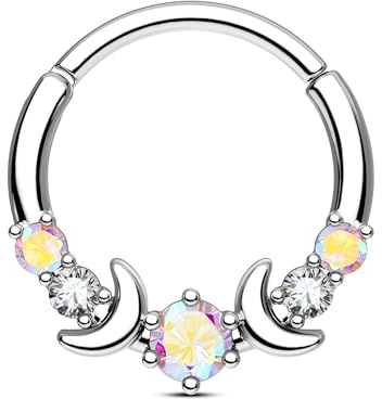 CM Crareesi Mania Septum Daith Helix Mondphase Piercing Edelstahl 316L Silber Gold Ohrringe Creolen 10mm mit Kristall AB Klar Zirkonia für Damen Herren