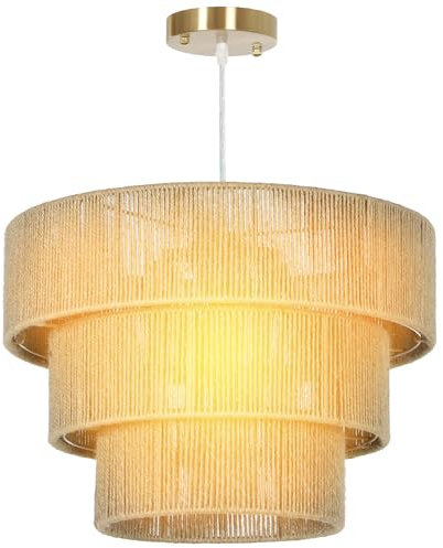 HOMCOM Hemp Rope Ceiling Light, 3-Layer Boho Pendant Light, 4 x E14 Vintage Ceiling Lamp Fixtures for Living Room, Bedroom, Kitchen, Hallway, Light Brown