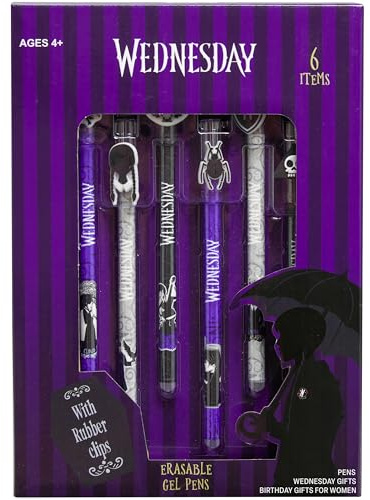Wednesday Erasable Gel Pens 0.5mm Fine Tip, Pack of 6 Multi Coloured Pens With Eraser, Back to School College & Stationary Supplies, Gifts for Her