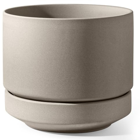 LE TAUCI 30 cm Plant Pot with Saucer, Ceramic Outdoor & Indoor Planter Pot for Plants, Drainage Hole, Mesh Pad, Unglazed Porous, Modern for Home, Office and Patio – Neutral Gray