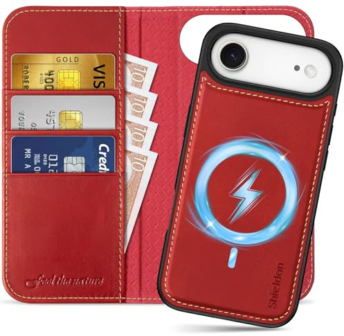 SHIELDON Abnehmbare Echtleder Case für iPhone Air 6,5 5G, Retro Rot | 2 IN 1 Hülle, Kabelloses Laden, RFID Blocker, 3 Kartenfächer, Handy-Ösen, Magnetverschluss, Klappbar Ledertasche