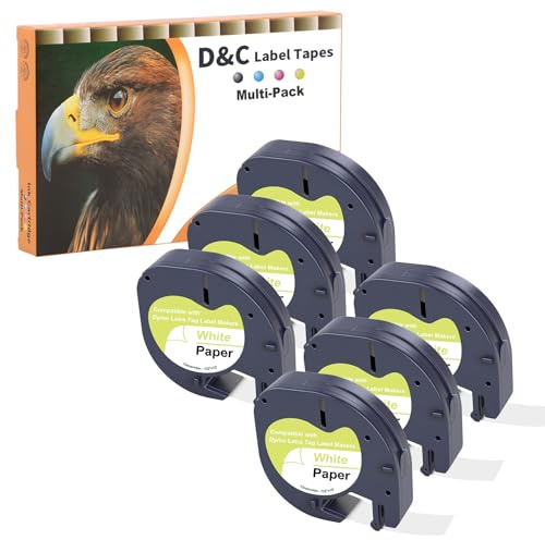 D&C 6 x 91220 label tape for Dymo LetraTag 12 mm x 4 m, black print on white labeling paper, compatible labelling device for Dymo Letratag LT-100T, 200B, LT-100H, XR, XM