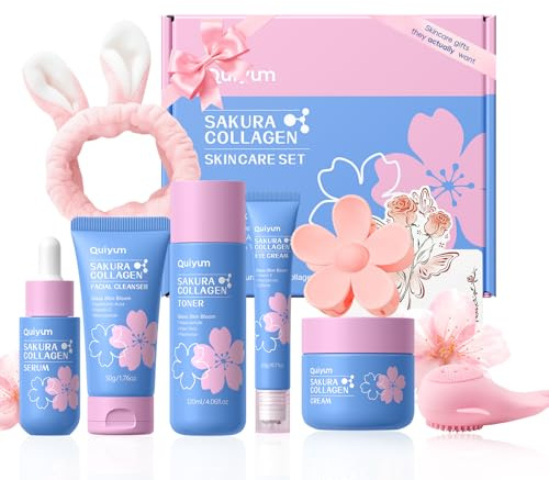 QUIYUM Coffret de soins visage collagène Sakura pour femmes, coffret cadeau | 8 pièces Glass Skin Routine, skincare set, hydratante, raffermissante, éclatante pour tous types de peau