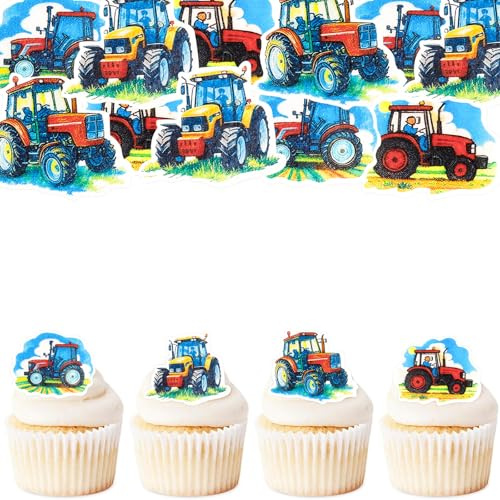 ENLACE 56 Stück Essbare Tortendeko Traktor,Cupcake Topper Bauernhof Geburtstag Deko,Traktor Deko Torte Essbar,Essbare Bauernhof Kuchendeko Auto,Esspapier Tortendeko Junge für Babyparty Geburtstag