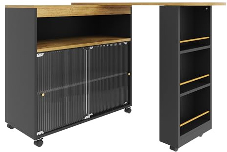Eleganz Table de bar extensible avec LED 138-204 cm - Portes coulissantes en verre Changhong - 3 niveaux de rangement - Pivotant à 360° - Étagère à vin + étagère à épices - Noir - Charge maximale : 60