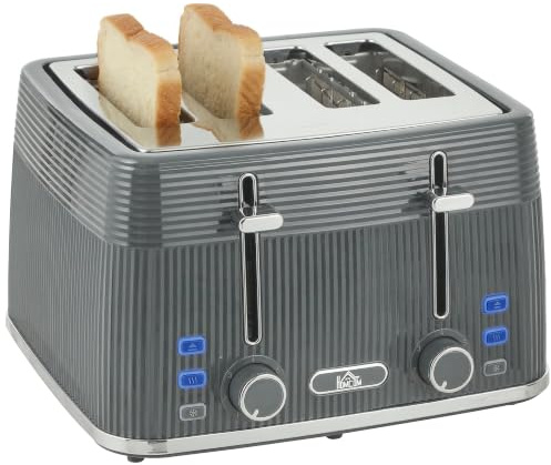HOMCOM 4 Slice Toaster with 7 Browning Levels Self-Centring 1860W, Grey | Reheat/Defrost/Cancel Functions, Electric Toaster, Removable Crumb Tray