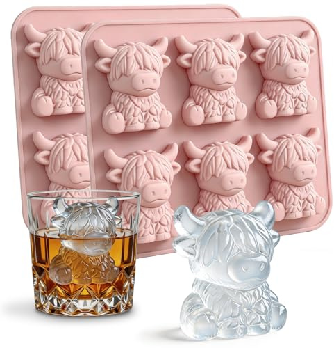 Highland Cow Eiswürfelform Silikon, Mini Hochlandrind Eiswürfelbehälter 2er-Pack, Eiswürfel Form für Getränke Whisky Cocktails Bier Kaffee, Geschenk für Vatertag Papa Ehemann Freund (Rosa)