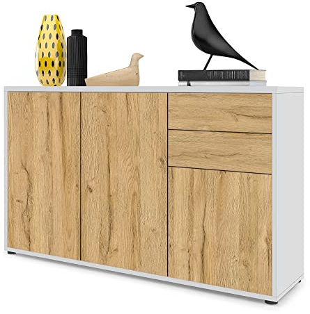 Vladon Sideboard Ben V3, Kommode mit 3 Türen und 2 Schubladen, Weiß matt/Eiche Natur (117 x 74 x 36 cm)