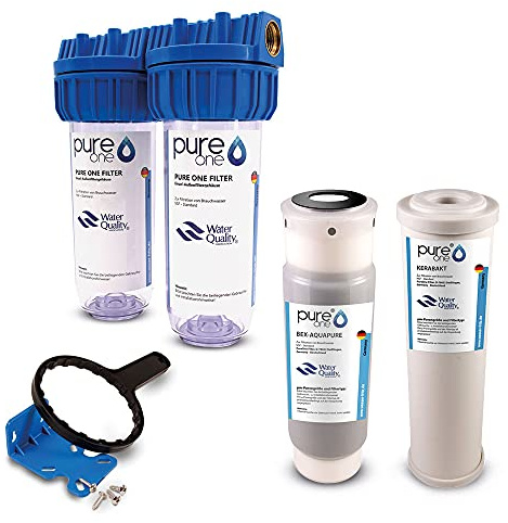 PureOne BAS2 BioActive-Set. 2-Stufige Filteranlage 10 Zoll. Schadstoffe, Geschmack, Keime und Sporen. Filtergehäuse mit Aktivkohle- und Keimfilter (Keramik). Für Hauswasserwerk, Zisterne 3/4 Zoll