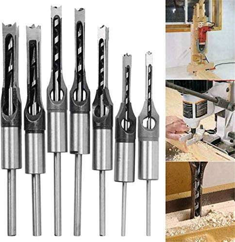 7Pcs Square Hole Drill Bit Sets, Woodworking Square Mortising Chisel Set Wood Square Hole Saw Sets HSS Wood Mortice Chisel Cutter Bit Kits w/Twist Drill DIY Woodworking Hole Opening Drilling Tools